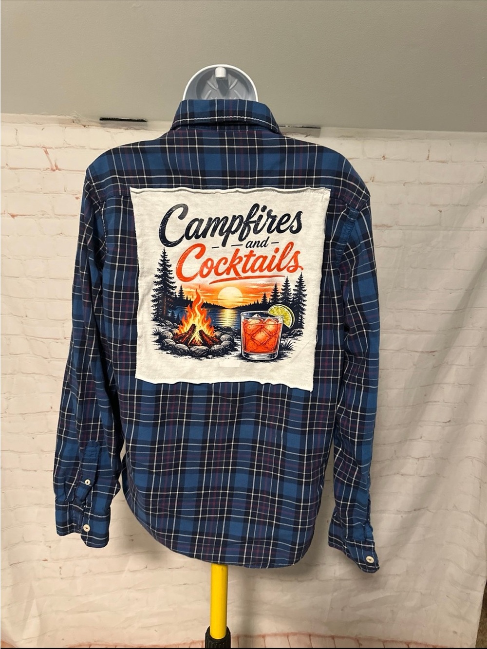 Upcycled Campfire & Cocktails Tee Button Down Shirt Sz M